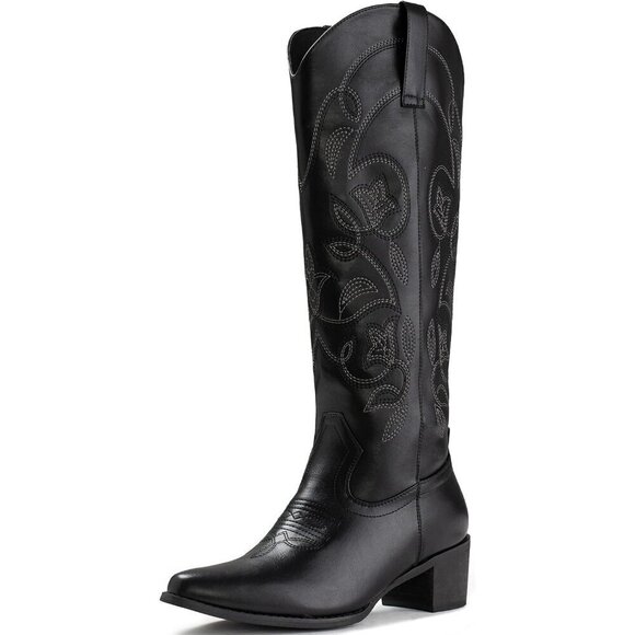 Shoes - Women's Black 1 Pointy Toe Faux Leather Western Cowgirl Mid Calf Boots